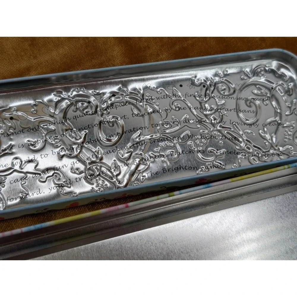 Brighton Metal Tin Case Long Pink Hearts Ivy Vines Jewelry Watch Box Vintage